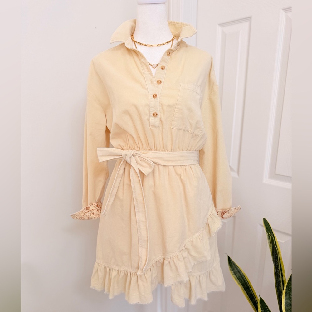 Pilcro Anthropologie Cream Boho Mini Dress Tie Waist Ruffle Hem XS - Picture 4 of 15